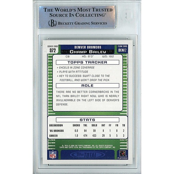 Champ Bailey Autograph Denver Broncos Topps Total Card - Beckett Authenticated - Picture 2 of 4